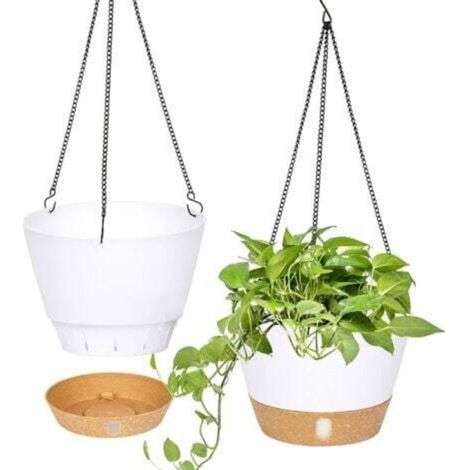 Lot de 2(Blanc) jardinières suspendues, 25.4 cm de diamètre pour l'intérieur et l'extérieur, Pot de Fleurs Suspendu avec Trou de Drainage et 3 Crochets pour Le Jardin et la Maison (1/4)