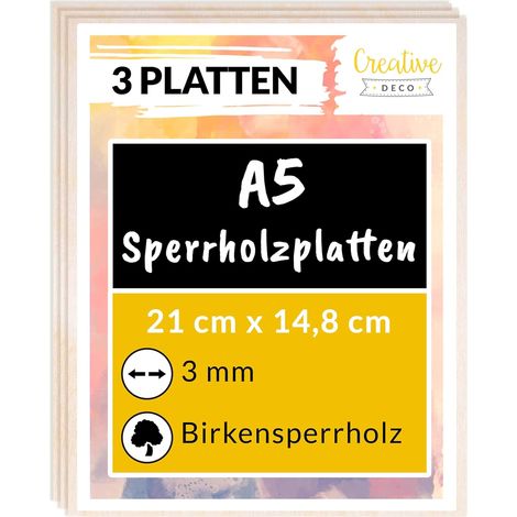 Creative Deco 3 x A5 Sperrholzplatte 3mm 148 x 210 (+/- 2) mm Birkensperrholz Dünne
