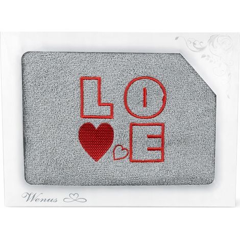 Asciugamano grigio in cotone con ricamo "love", confezione regalo. (1/5)