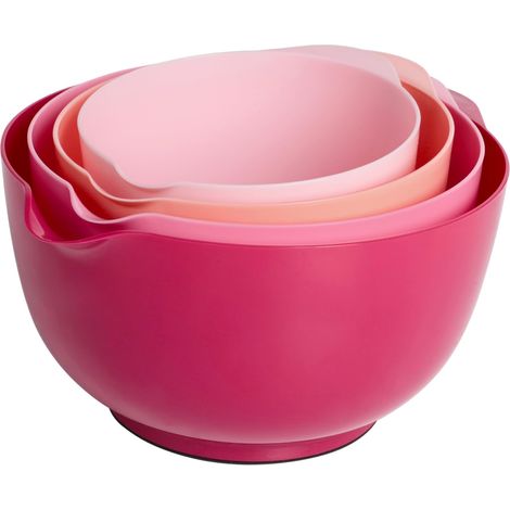 Ensemble de 4 bols à mélanger en plastique sans BPA, dégradé rose - avec bec verseur, fond antidérapant et poignée, empilables, adaptés au lave-vaisselle et au micro-ondes (1/5)