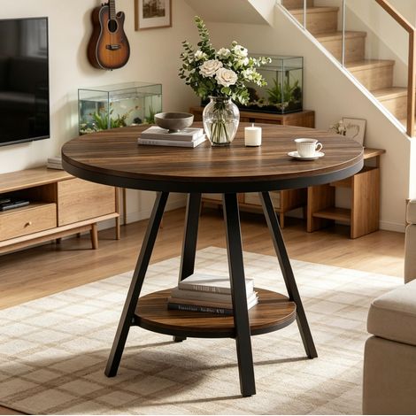 Mesa de comedor redonda 90x90x75 cm de MDF y metal marrón/negro con estante – MEUBLIV (1/5)