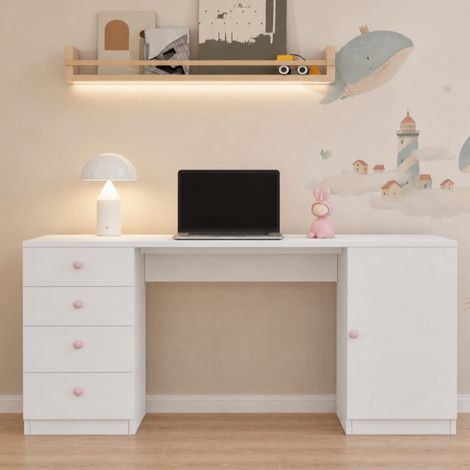 Kinderschreibtisch 155 x 45 x 74 cm mit 4 schubladen und schrankfach aus mdf holz im modernen stil - Weiß und rosa (1/5)