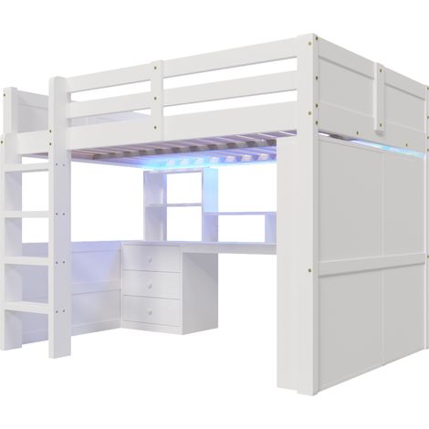 Cama alta 140x200 cm con LED, escritorio, armario y almacenaje, blanca, sin colchón (1/5)