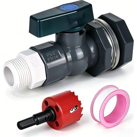 XTDMJ Kit de citerne d'eau de pluie en PVC avec valve (25 mm + 16 mm) avec ouvre-trou en métal, raccord de cloison et adaptateur de tuyau et colliers de serrage, IBC 3/4" pour aquarium (1/5)