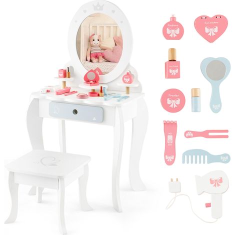 2-in-1 Kids Vanity Set Makeup Table & Chair Set w/ Removable Mirror for Kids 3+ (1/5)