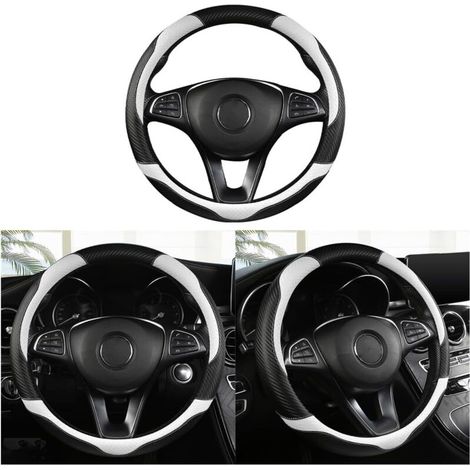 Couvre-volant universel antidérapant en fibre de carbone respirant pour volant de voiture quatre saisons (noir/blanc) (1/5)