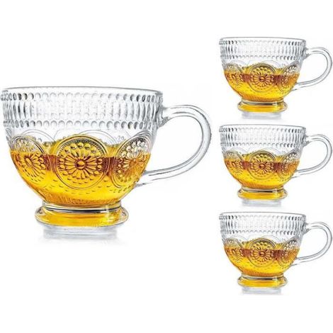 Tasse à café - Verre - 400 ml - Transparent - Vintage - 4 pièces (1/4)