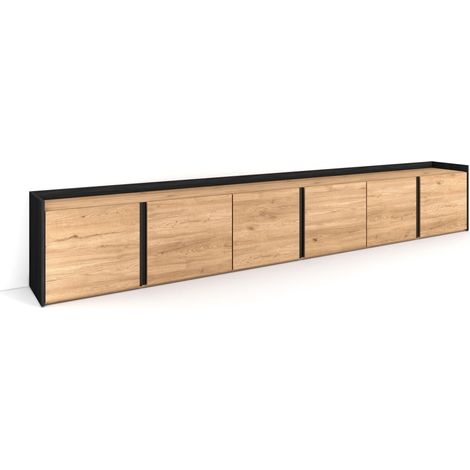Skraut Home - Meuble TV, Banc Télé, Grand espace de Rangement, 309x35x50 cm, Pour les TV jusqu'à 80", Meubles de salon, Style moderne, Chêne et noir (1/5)