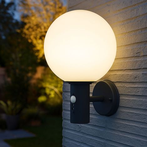 Wandlampe mit Bewegungsmelder Außenleuchte Anthrazit Kugellampe Sensor LED Hauswandleuchte, Glas Edelstahl, LED 7W 806lm 2700K warmweiß, DxH 25x37 cm