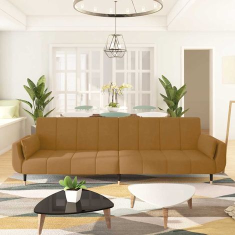 Schlafsofa 2-Sitzer mit 2 Kissen Braun Samt (1/5)