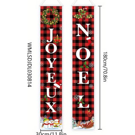 Bannière décorative à carreaux avec le Père Noël et un nouveau couplet de Noël 2026 - 180 x 30 cm - SDJDL-12