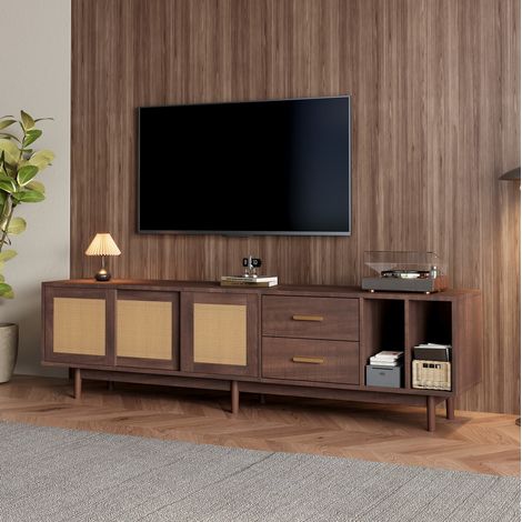 Mobile TV 190x40x52 cm, armadio basso con 3 ante e 2 cassetti, 2 vani aperti, MDF marrone e dettagli in rattan (1/5)