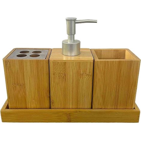 Ensemble de rangement portable en bambou pour le bain, comprenant des flacons de lotion vides à pompe simple, un porte-brosse à dents multifonction de grande capacité pour femmes. (1/5)
