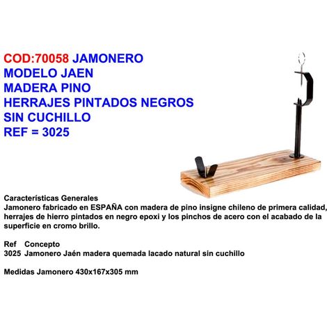 Porta prosciutto Jaén in legno di pino con hardware nero senza coltello 3025