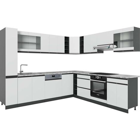 Cocina esquinera R-Line, Blanco/antracita, 257 x 277 cm J-Shape, ET Mármol, Vicco (1/5)