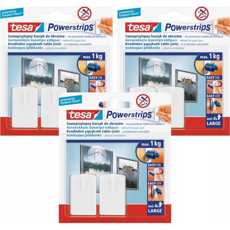 Ganchos autoadhesivos TESA para colgar cuadros en la pared, soportan hasta 1 kg, color blanco, 2 unidades x 3
