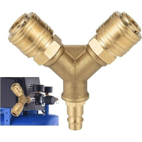 Air Hose Compressor, 2-Way Compressed Air Fitting with 2 Connectors, 1/4" Threaded Air Hose Connector, Brass Compressed Air Distributor, Y-Shaped Air Distributor (1/4)