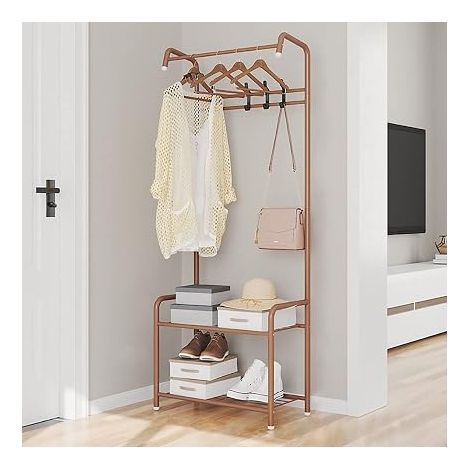 Porte-manteau avec étagère à chaussures double couche 3 en 1 pour chambre à coucher (57 cm x 30 cm x 165 cm) (1/5)