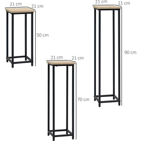 Set de repose-plantes, 3 éléments, support et cache-pot en métal noir et bois naturel, pour terrasse et extérieur (1/5)