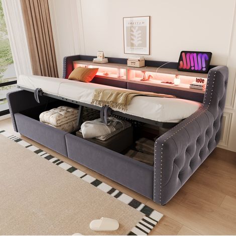 Lit coffre 90×200 cm avec éclairage LED, ports USB et Type-C, en velours, gris foncé, sans matelas (1/5)