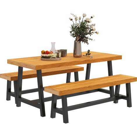Juego de comedor de madera de 3 piezas para 4 personas, mesa de comedor con 2 bancos, teca. (1/5)