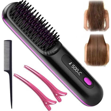 Brosse à Lisser Sans Fil,Fer a Lisser, 2 en 1 Brosse Lissante pour Cheveux Sans Fil,Fer à Lisser à ions négatifs avec 3 (1/5)