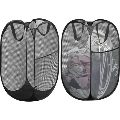 Lot de 2 Paniers à Linge Pliables - 36x36x60 cm - Maille Polyester Noire - Ventilation Optimale - Chambre et Salle de Bain (1/5)