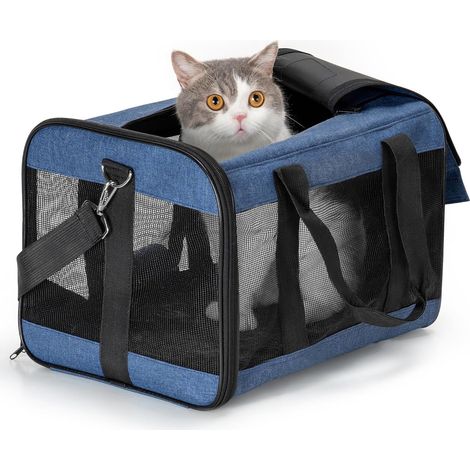Sac de transport souple pour chat et petit chien, pliable, résistant, homologué pour les voyages en avion (42 x 28 x 28 cm, bleu marine) (1/5)