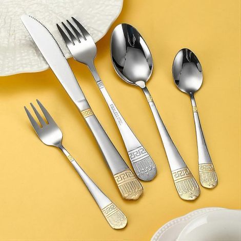 Ensemble de couverts vintage en acier inoxydable doré, 5 pièces, style western, couteau et fourchette à steak, pour hôtel (1/3)