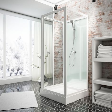Schulte Komplettkabine Juist II 80x80x210 cm - ESG Sicherheitsglas Klar, Rückwände ESG light grün, Profil Weiß, U-Form