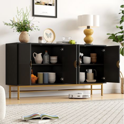 REDOM - Credenza - 160x40x82 cm - 4 ante - chiusura ammortizzata - maniglie dorate integrate - MDF e pannelli di particelle - nera