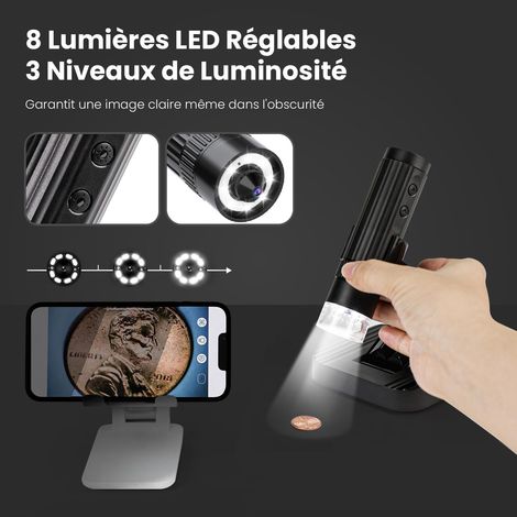 Microscopio digitale portatile wireless USB MatataStudio M2C, microscopio elettronico tascabile WiFi 50X-1000X con illuminazione a LED, fotocamera 1080P e supporto regolabile per bambini e adulti (1/4)