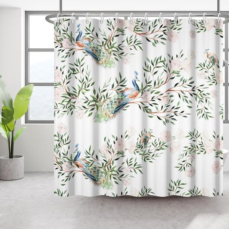 Feuille de Fleur Rideau de Douche Vert Motif Plante Coloré et Paon Lavable et Décoratif avec 12 Crochets 183x214cm (1/5)