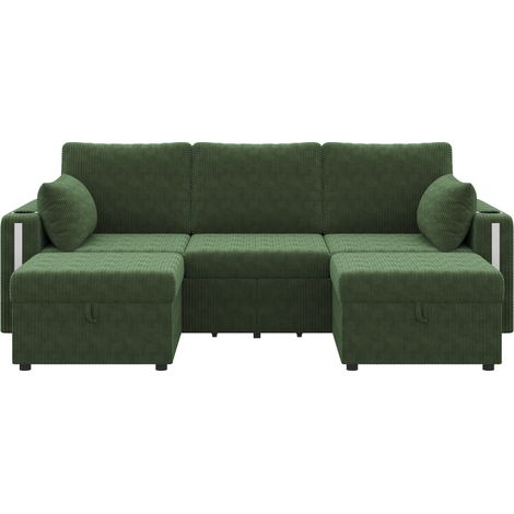 Divano modulare U/L verde in velluto a coste con 2 pouf contenitore, LED, USB-C (1/5)