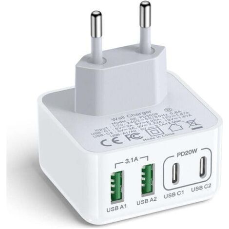 Chargeur USB C, 40W 4 Port Prise USBC Chargeur Rapide Multi Secteur Double Port PD+QC Type C Adaptateur pour Phone 16 15 14 13 12 11 Pro Max X XS XR 8 7 6S Plus Mini SE, iPad, Samsung Galaxy (1/4)