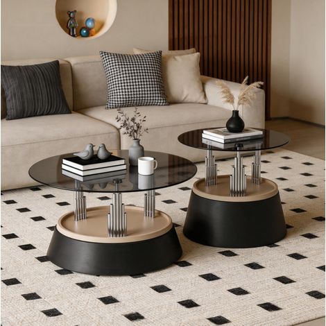 Set de 2 tables basses noires avec plateau en verre trempé et structure en métal (1/5)