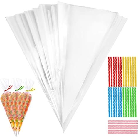 100 sachets cônes de Noël, sacs de fête pour enfants avec 100 attaches, cellophane pour bonbons, chocolat, pop-corn (13x25 cm) (1/4)