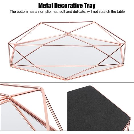 Miroir de salle de bain hexagonal en métal doré, plateau de rangement pour cosmétiques et bijoux. (1/5)