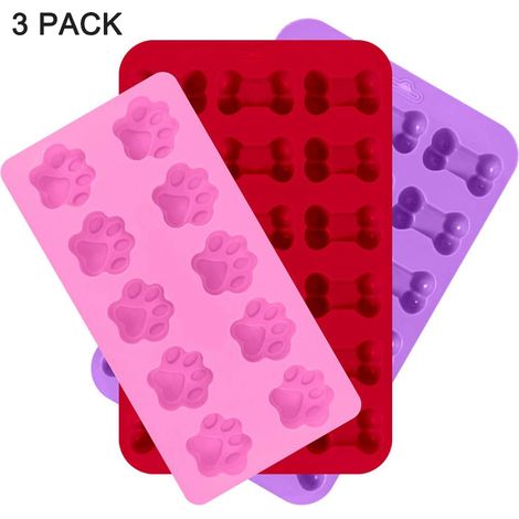 Lot de 3 moules à glaçons en silicone en forme de patte de chiot et d'os, réutilisables pour la cuisson de chocolats et de bonbons, compatibles four et congélateur - Rose, rouge, violet