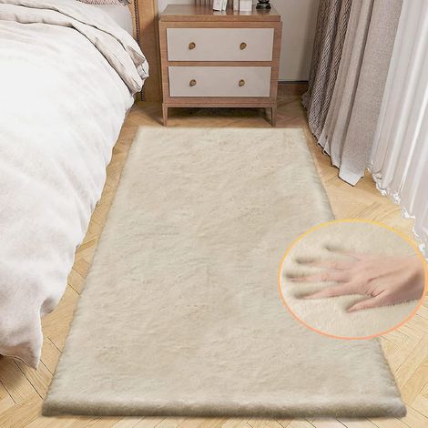 Tapis Chambre Beige Descente De Lit 60x180 cm Fausse Fourrure Tapis Moelleux Lavable Couloir Salon Poil Ras Doux Fluffy Runner Rectangulaire