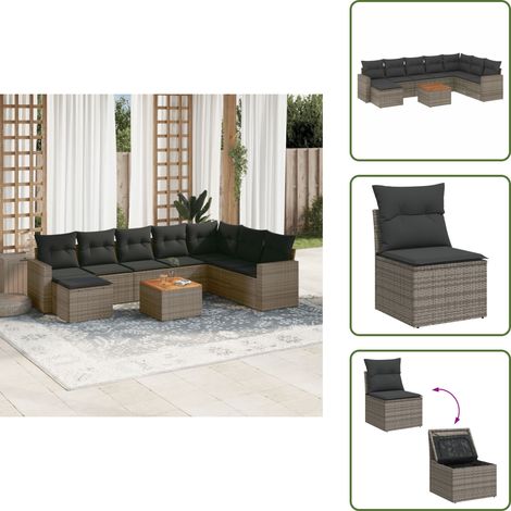 Rattan PE - vidaXL Set Divano da Giardino 9 pz con Cuscini Grigio in Polyrattan - Poltrona da giardino