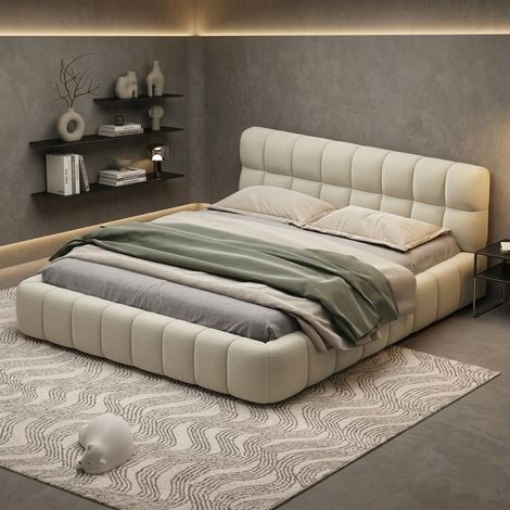 Lit 160x200,lit double capitonné,lit adulte,avec sommier à lattes,dossier moelleuxm,tissu en lin,lit 2 personnes,lit 2 place,Beige