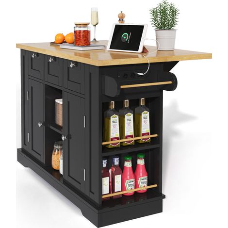 ELVMI Isola da Cucina con 3 Cassetti, 2 Ante, Piano Ribaltabile, Prese USB e Ruote, 132x40x87 cm, Naturale Nero (1/5)