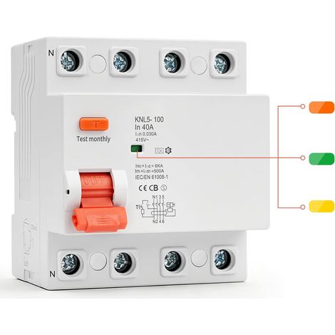 Disjoncteur 40A Interrupteur Différentiel 40A 30mA type A 4P 6KA Protection contre les fuites électriques,Indicateur de défaut à trois couleurs,Montage sur rail DIN de 35 mm,aux Résidences (1/5)
