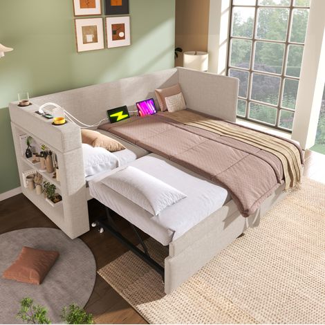 Sofá cama 90 x 190 cm con cama nido, puertos USB y Type-C, beige DESVIAE (1/5)
