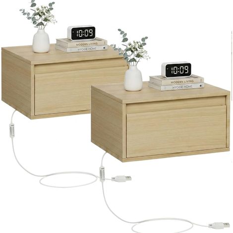 Nachttisch Hängend 2er Set, Hängender Nachtschrank mit Schublade Leuchte mit 3 Farben, minimalistischer Wandnachttisch aus Holz (1/5)