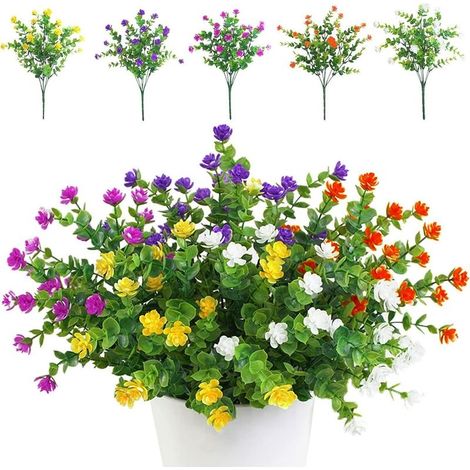 Lot de 5 Bouquets de Fleurs Artificielles,Plantes de Verdure Résistantes aux UV pour Extérieur,Intérieur,Balcon,Jardin,Bureau,Mariage,Fête Décor (Blanc) (1/5)