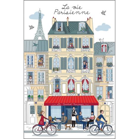 Torchon de cuisine essuie-vaisselle en coton blanc motif vie parisienne 48 x 72 cm - PANGIVO