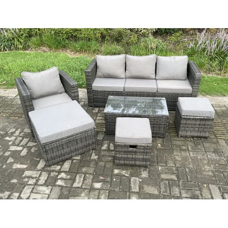 Fimous Rattan Garden Furniture Set with 3 Seater Sofa Coffee Table Armchair 3 Footstools Indoor Outdoor Patio Lounge Sofa Set Dark Grey Mixed (1/5)