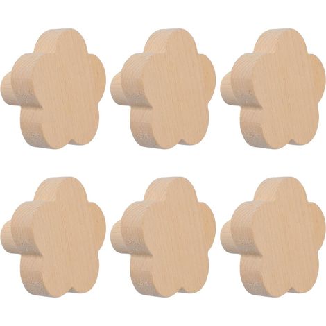 Juego de 6 pomos para armarios con forma de flor, de madera de haya, con tornillos autoadhesivos para cómodas y cajones. (1/4)
